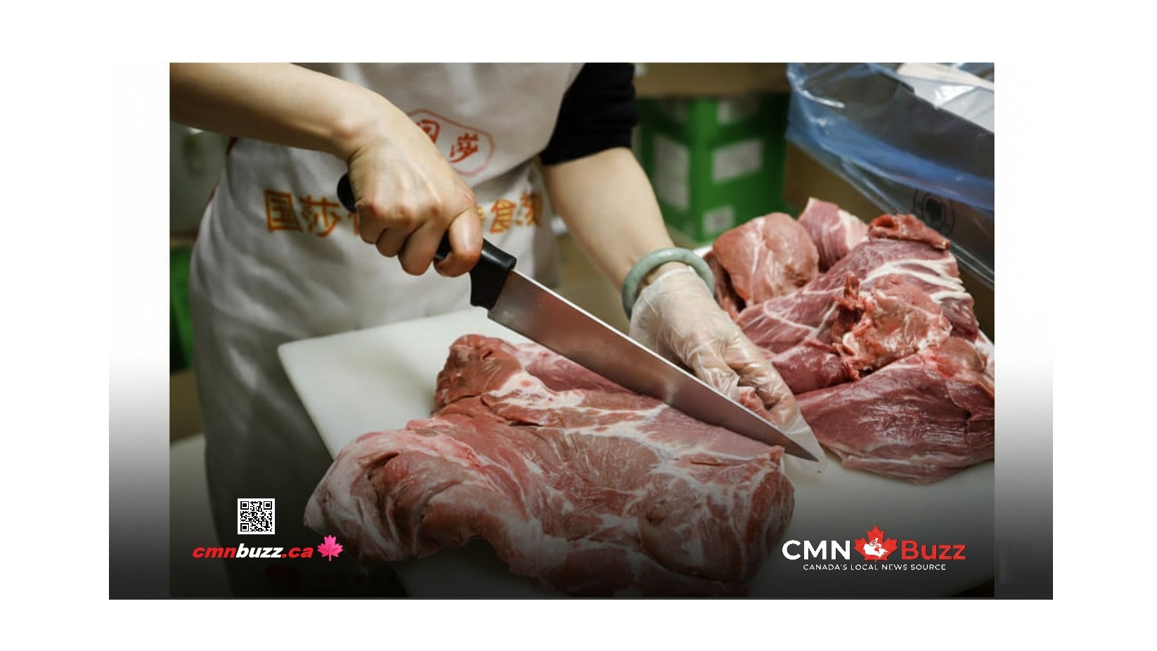 A person professionally cutting high-quality Canadian beef for export to the Chinese market.
