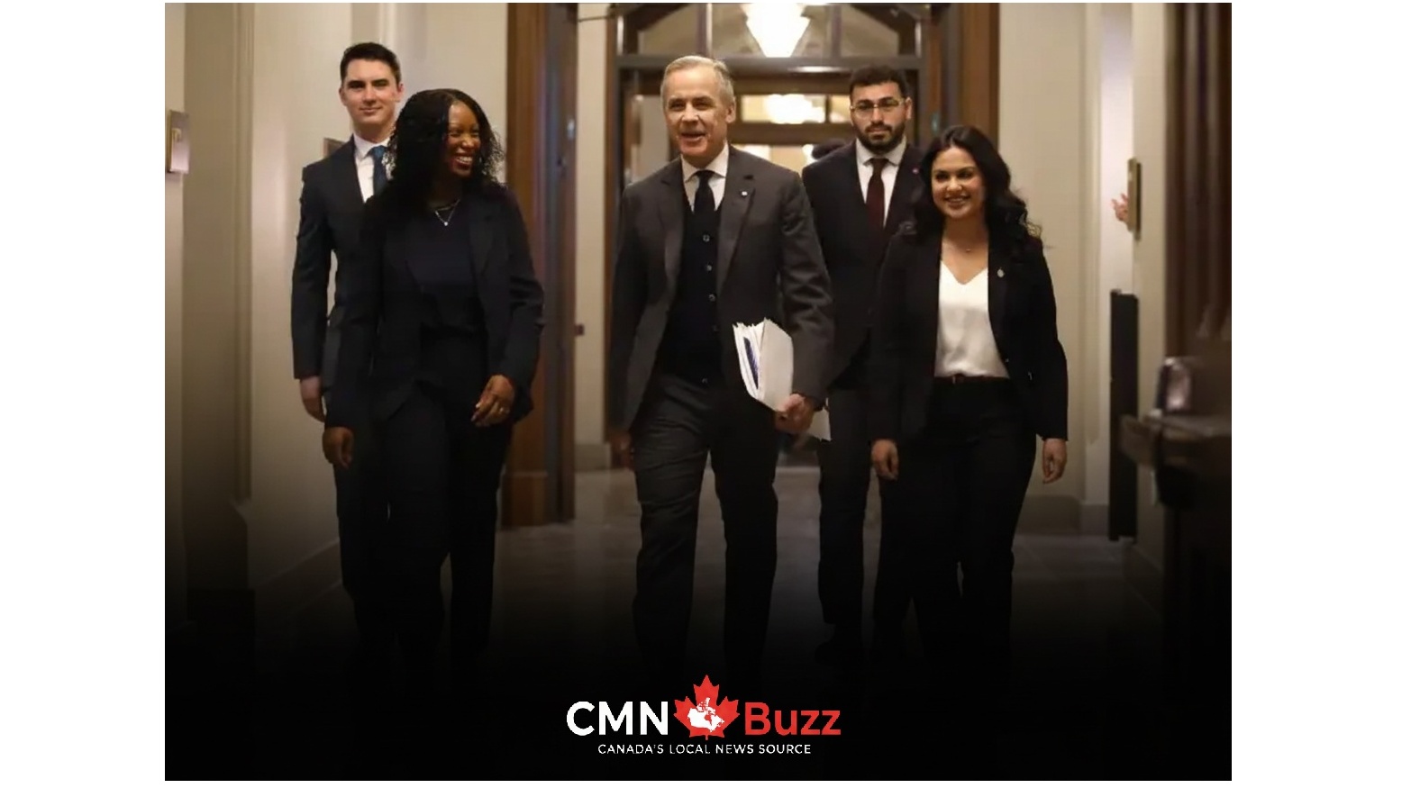 Canadian Prime Minister Mark Carney walking with aides in Parliament, addressing 2026 spring election rumors.
