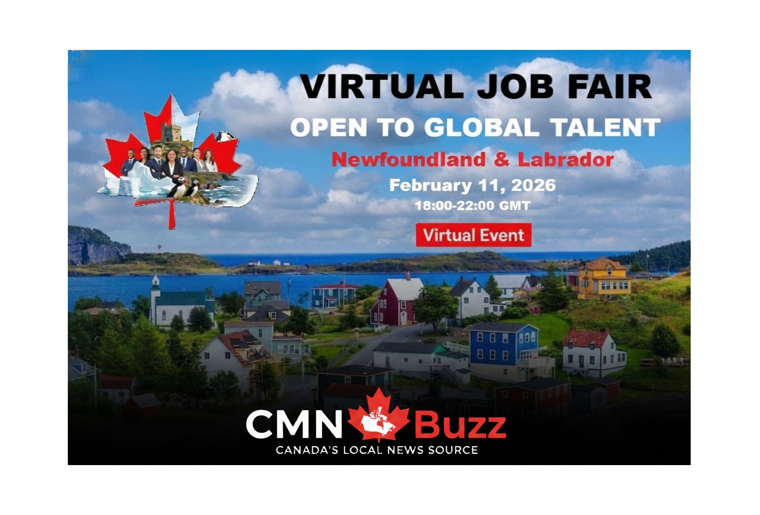Promotional poster for Newfoundland and Labrador Virtual Job Fair scheduled for February 11, 2026, featuring scenic coastal landscapes and professional branding.