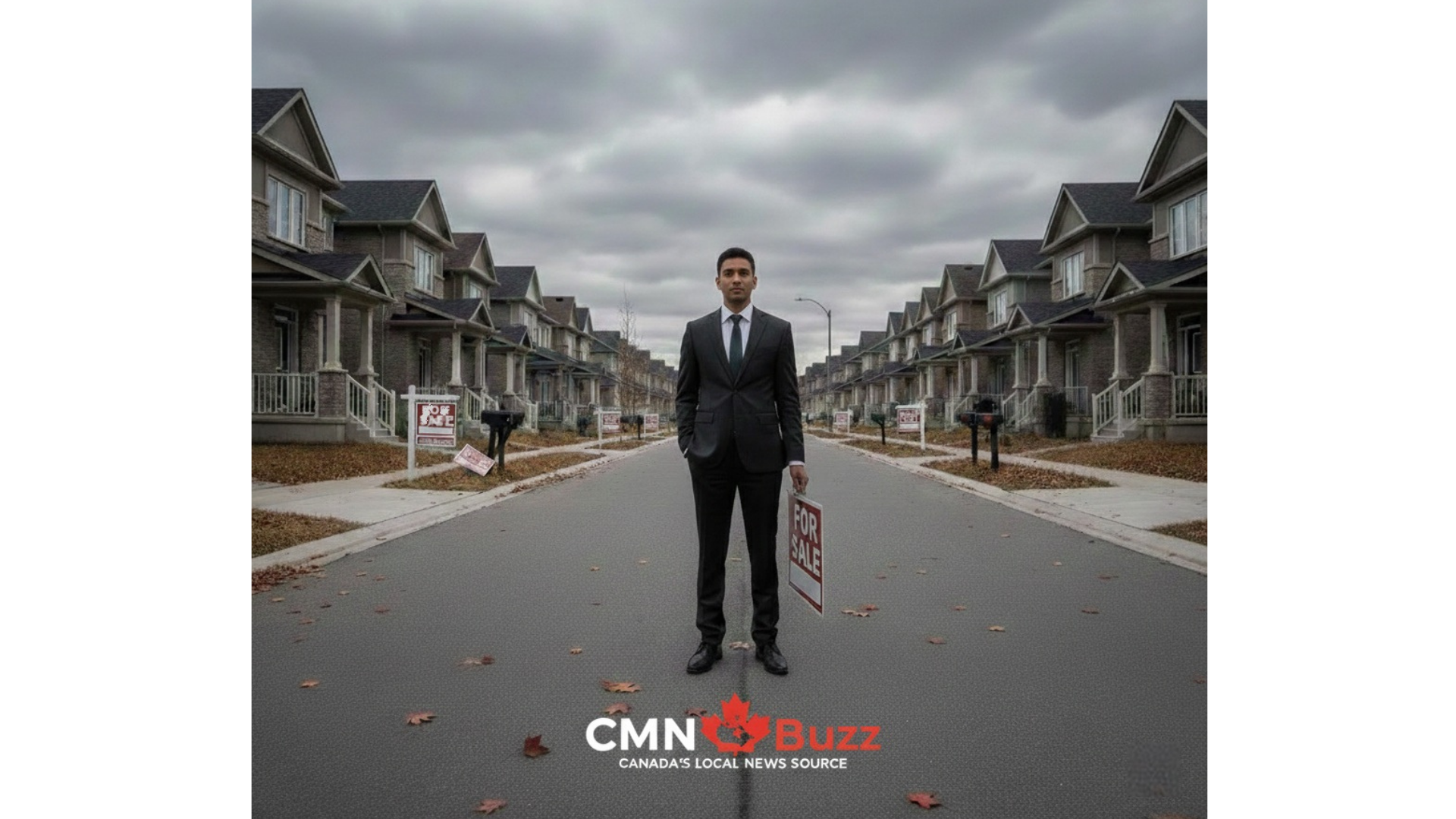 കാനഡയിലെ ഭവന വിപണിയിലെ പ്രതിസന്ധിയും വിൽപന നടക്കാതെ നിൽക്കുന്ന റിയൽ എസ്റ്റേറ്റ് ഏജന്റിനെയും സൂചിപ്പിക്കുന്ന ചിത്രം.