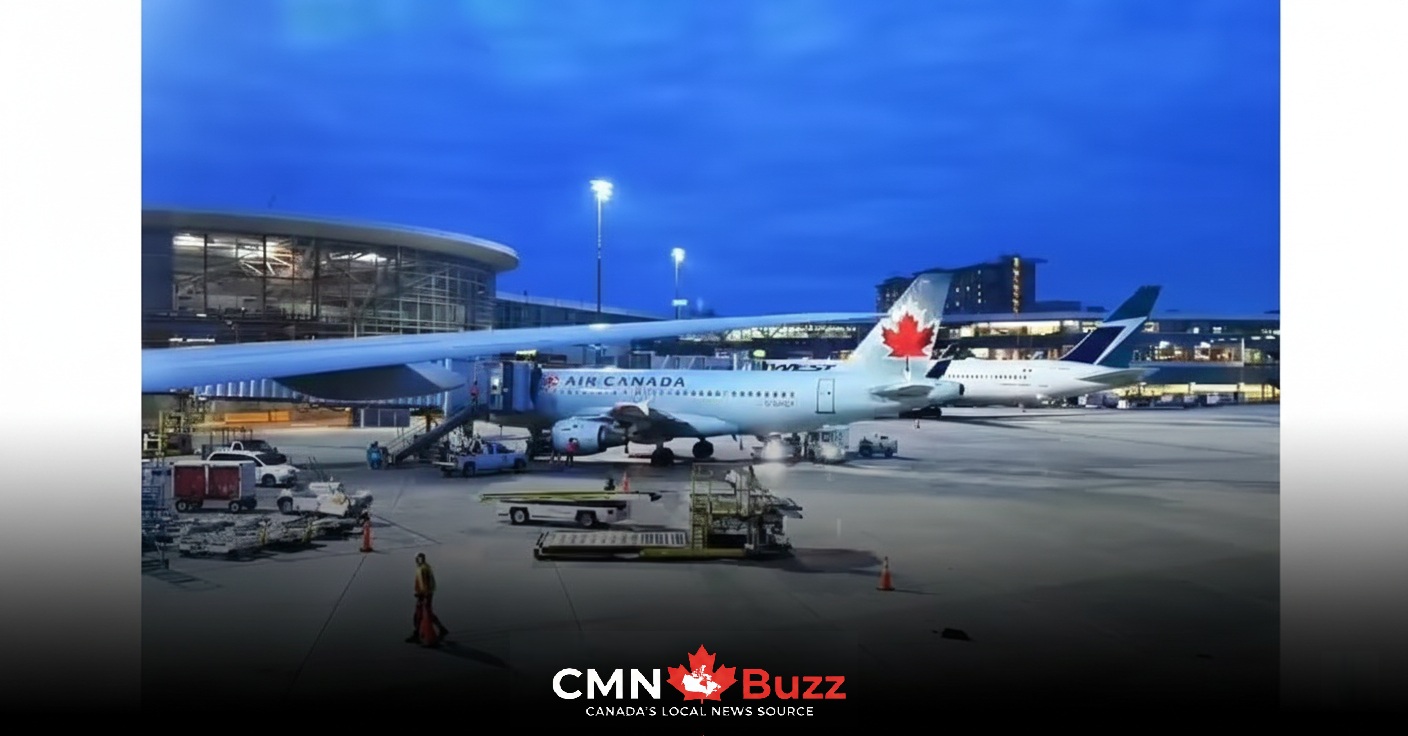 Air Canada plane at Toronto Pearson International Airport terminal at night with bright lights.