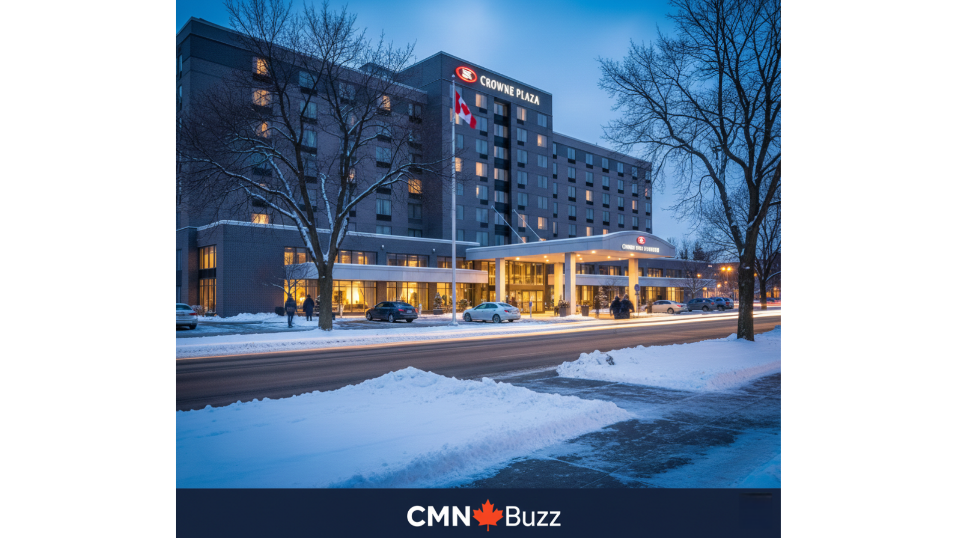 Exterior view of Crowne Plaza Kitchener hotel in winter with CMN Buzz logo for NFMA Ontario Regional Convention news.