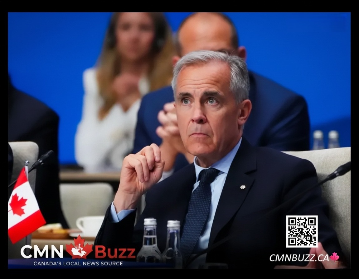 Mark Carney looking serious during a high-level meeting about Canada federal service cuts.