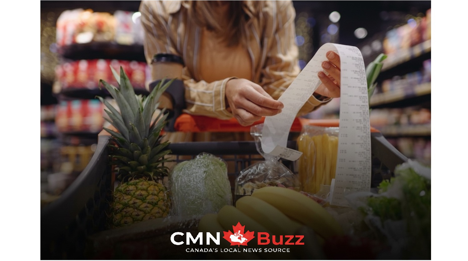 A Canadian shopper checking a long grocery receipt in a supermarket, highlighting the rising food costs and inflation in Canada.