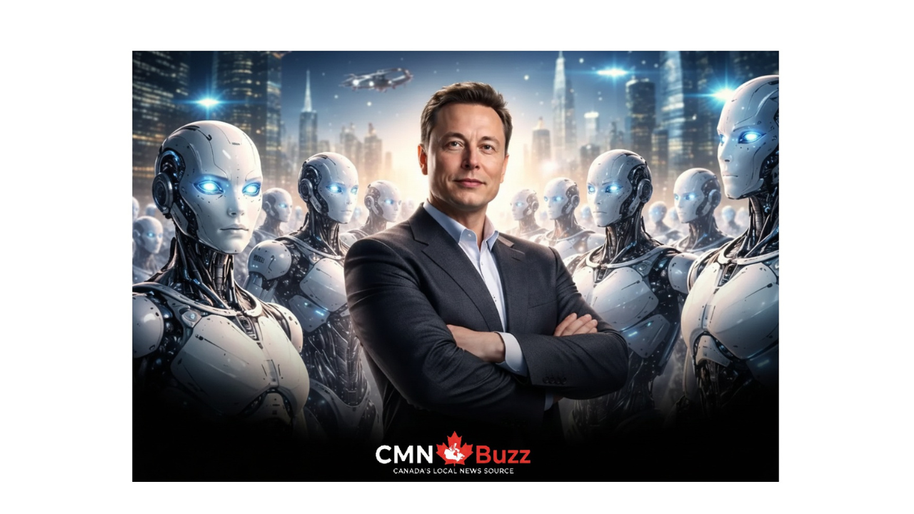 Elon Musk standing in front of a group of humanoid robots in a futuristic city setting representing AI in medicine.