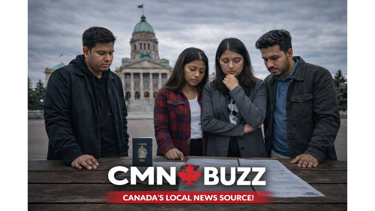 Four South Asian international students reviewing Canadian immigration documents in front of a provincial government building in Canada.