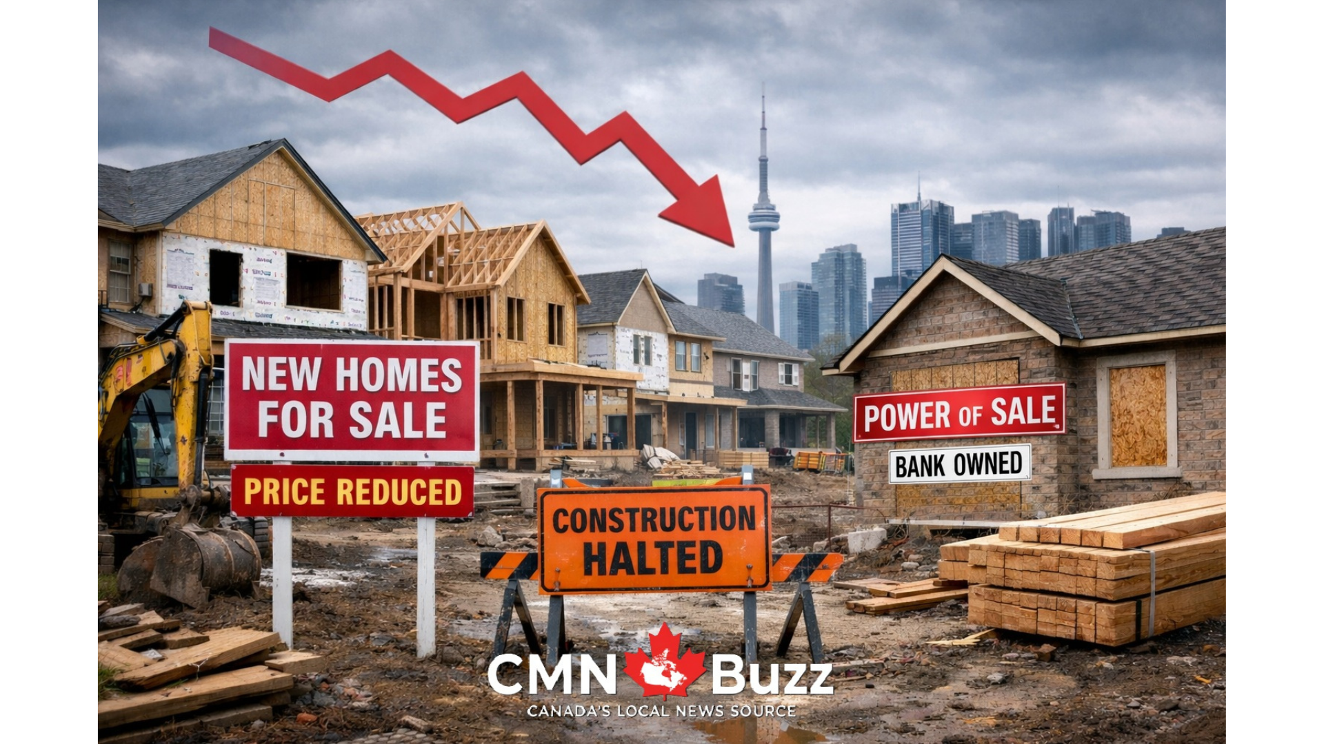 Construction site in Canada with housing market crash indicators and CMN Buzz logo.