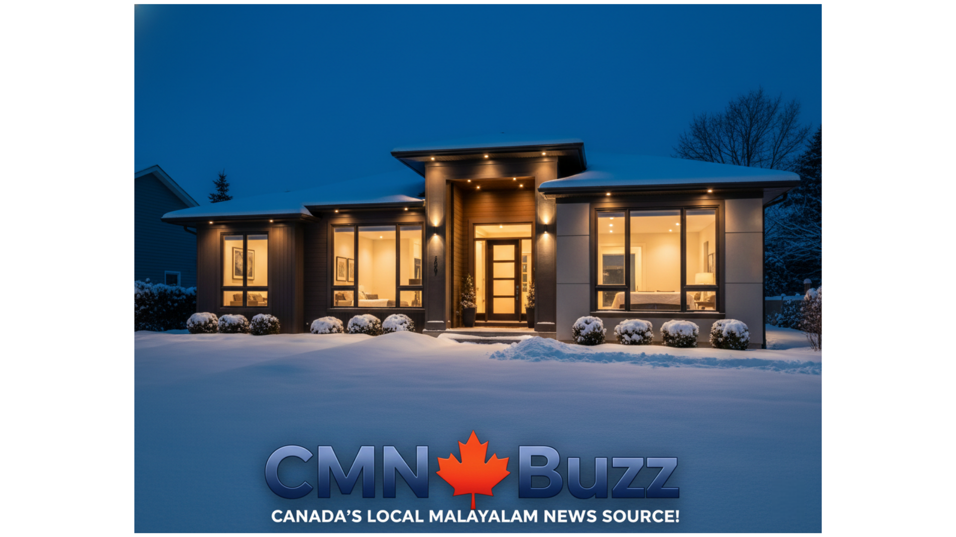 Modern single-family home in Canada covered in snow with evening lighting for Rent-to-Own Housing Scheme article.