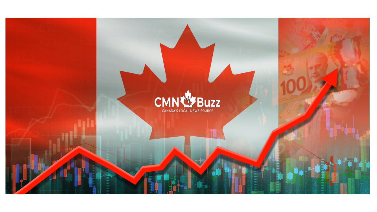 A professional growth chart of the Canadian stock market with a white CMN-Buzz logo, representing the financial success and investment growth of the Malayalee community in Canada.