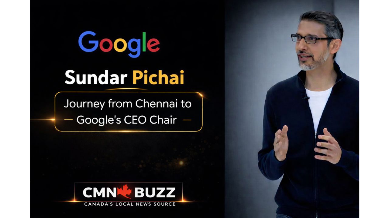 Sundar Pichai, CEO of Google and Alphabet, during a public appearance, reflecting his journey from a modest upbringing in Chennai to global technology leadership.