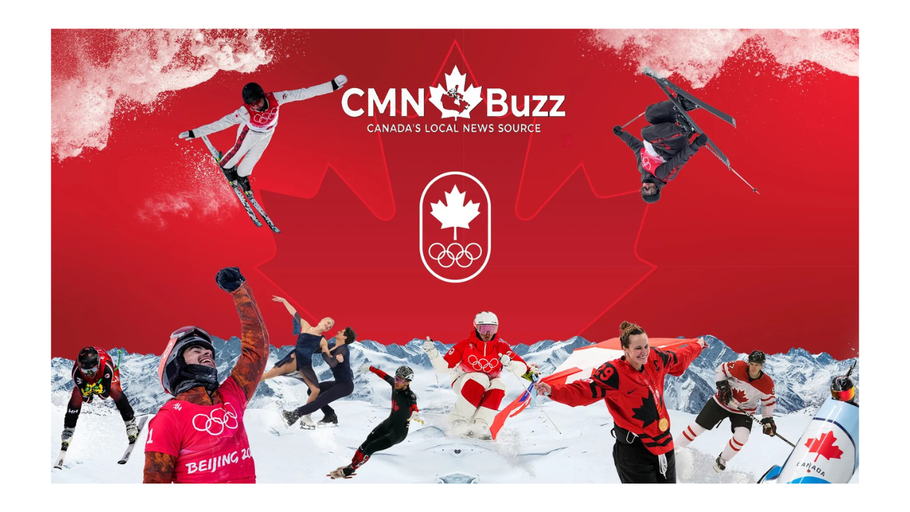 Team Canada athletes celebrating a victory at the Milano Cortina 2026 Winter Olympic Games with the Canadian flag.