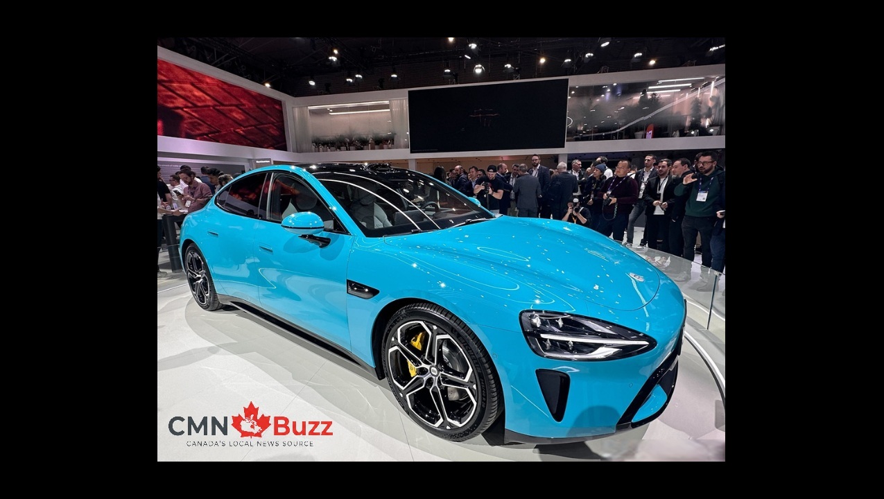 Blue Xiaomi SU7 electric car showing sleek aerodynamic design and sporty headlights for Canadian automotive market.