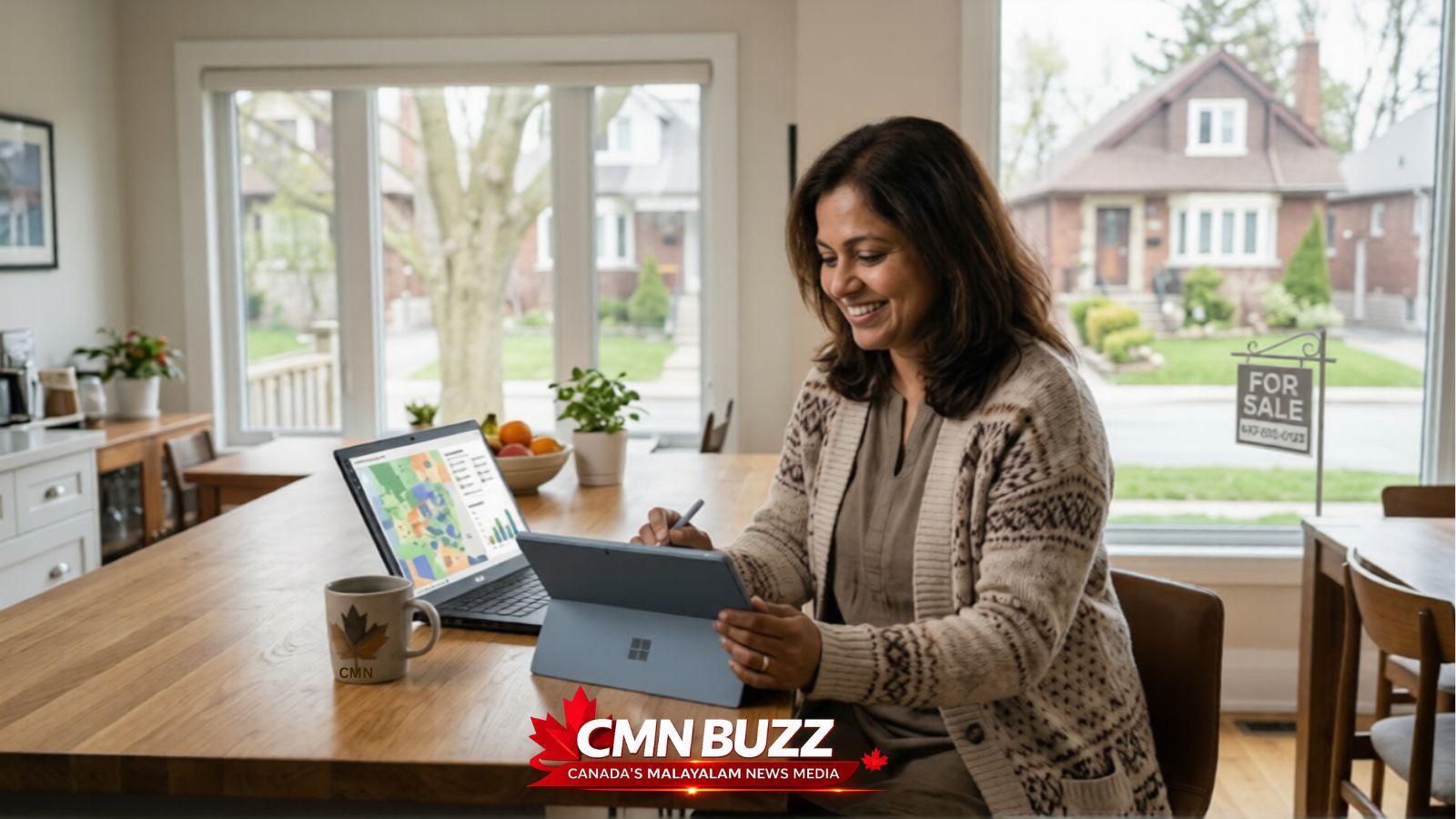 South Asian homeowner using tablet and laptop to manage home selling process in Canada with AI tools