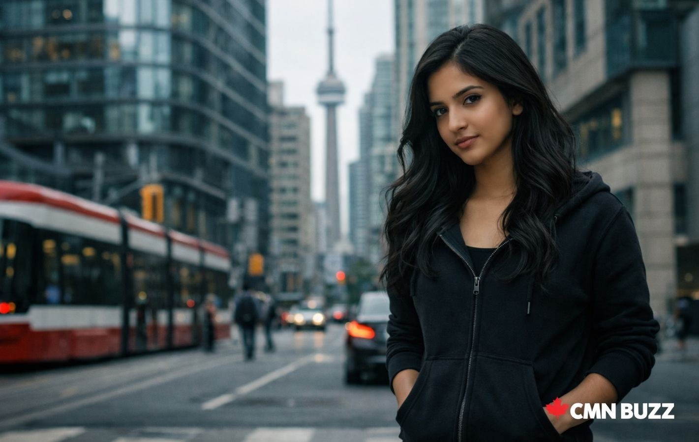 South Asian woman standing on a Toronto street with CN Tower in background reflecting Canada immigration changes 2026