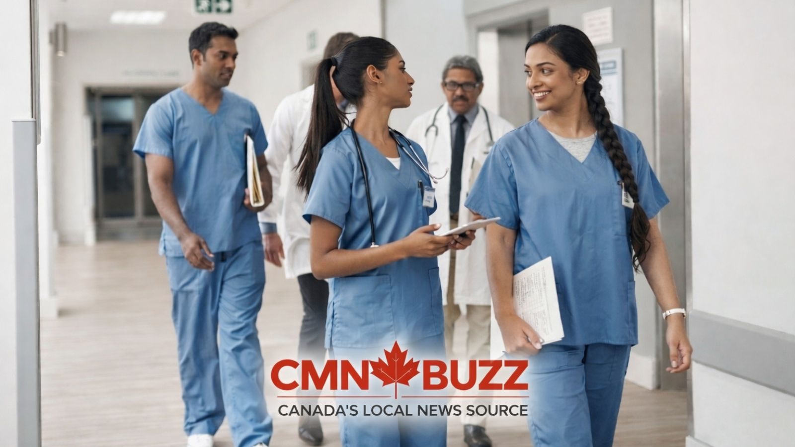 Healthcare workers and nurses walking in a hospital corridor as Canada expands recruitment opportunities for internationally educated nurses.