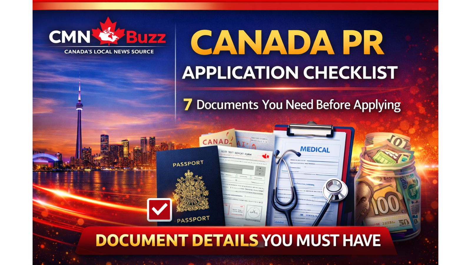 Canada PR application checklist showing key documents like passport, IELTS test report, medical exam form and proof of funds required for permanent residency application in Canada