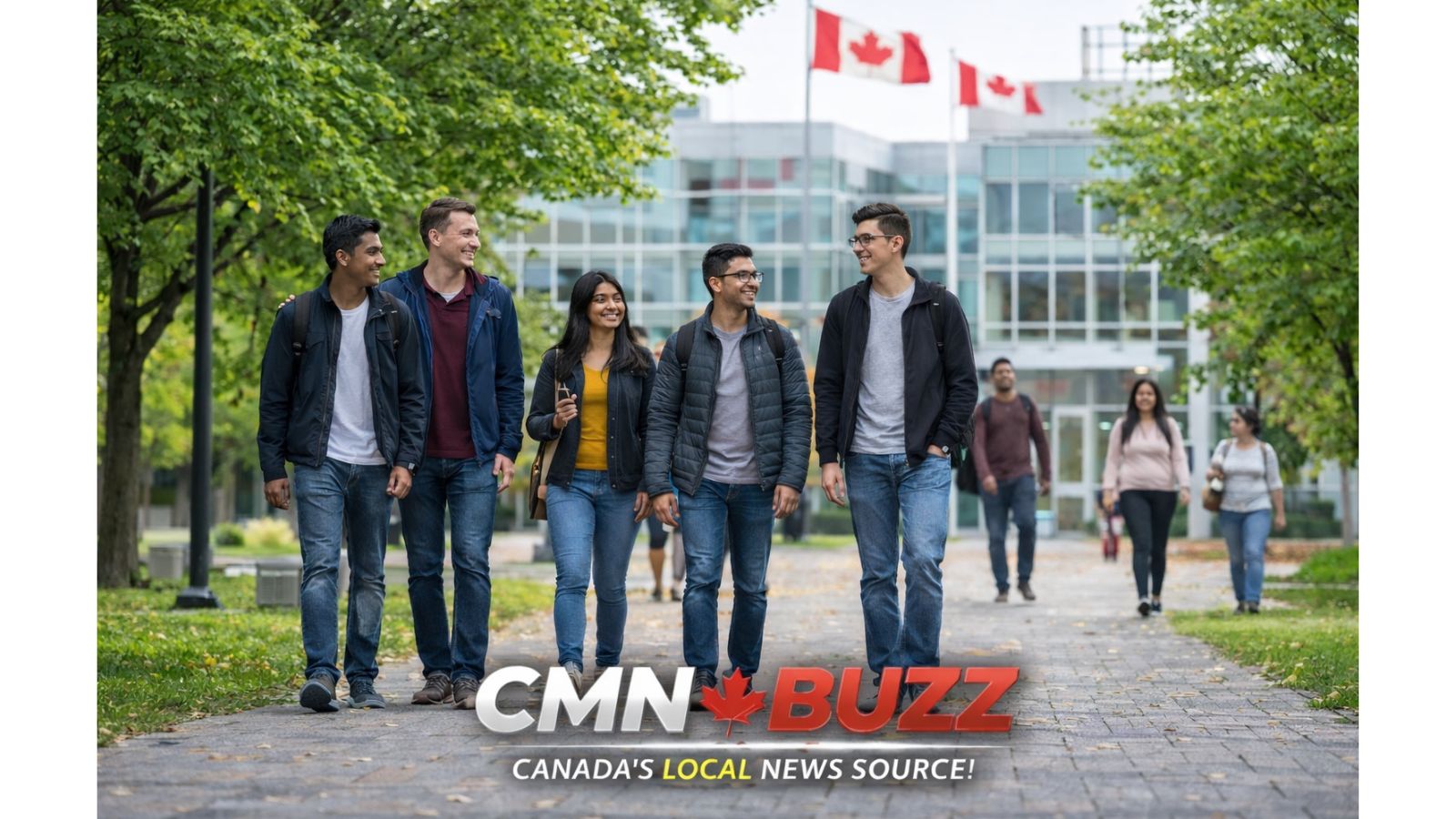 Indian and international students walking on a Canadian university campus during summer, representing growing Canada–India education partnerships and study opportunities for international students.