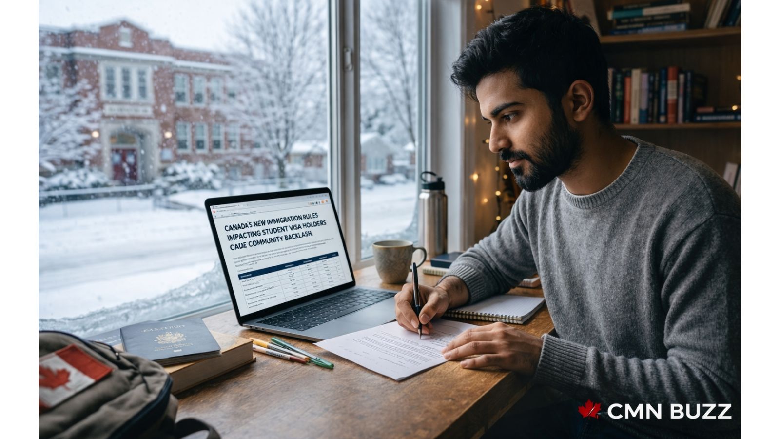 Indian student in Canada planning study permit application during winter indoors