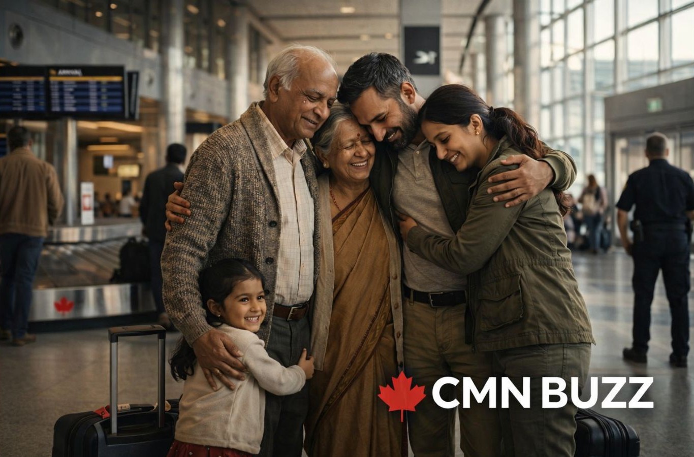 South Asian family reunion at Canada airport with grandparents, parents and child under Super Visa program