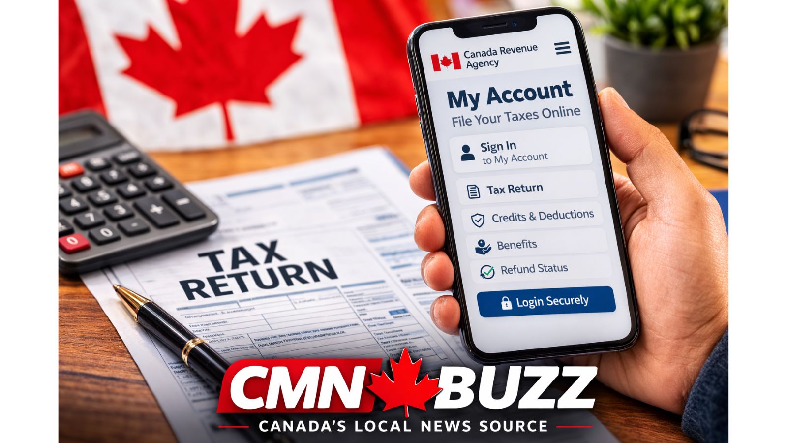 Person holding a smartphone displaying the Canada Revenue Agency CRA My Account tax filing page during Canada tax season 2026.