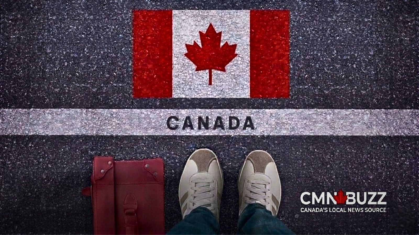 A person standing near a Canadian flag on a road symbolizing the immigration journey toward permanent residence in Canada.