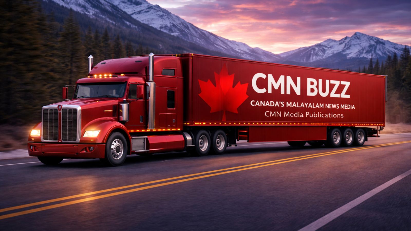 CMN Buzz Canadian Malayalam news media truck driving on a highway in Canada with logo on trailer