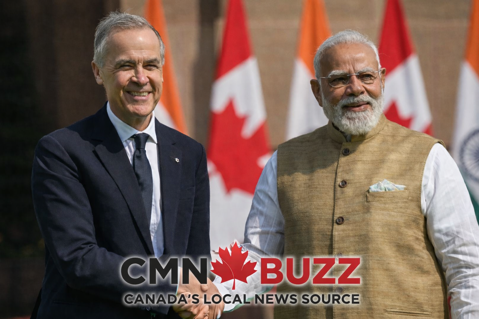 Mark Carney and Narendra Modi shaking hands during Canada–India diplomatic meeting with national flags in the background