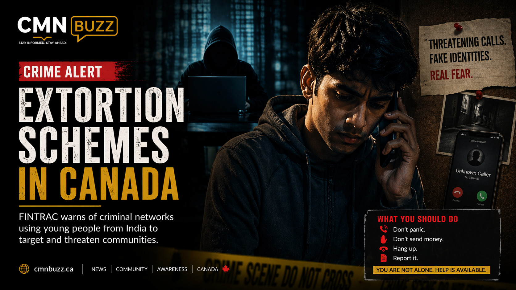 Person receiving a threatening phone call with cybercrime elements illustrating extortion scams in Canada targeting communities