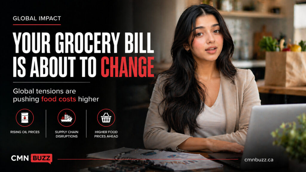 Woman reviewing expenses as food prices in Canada rise due to global tensions and supply chain pressure