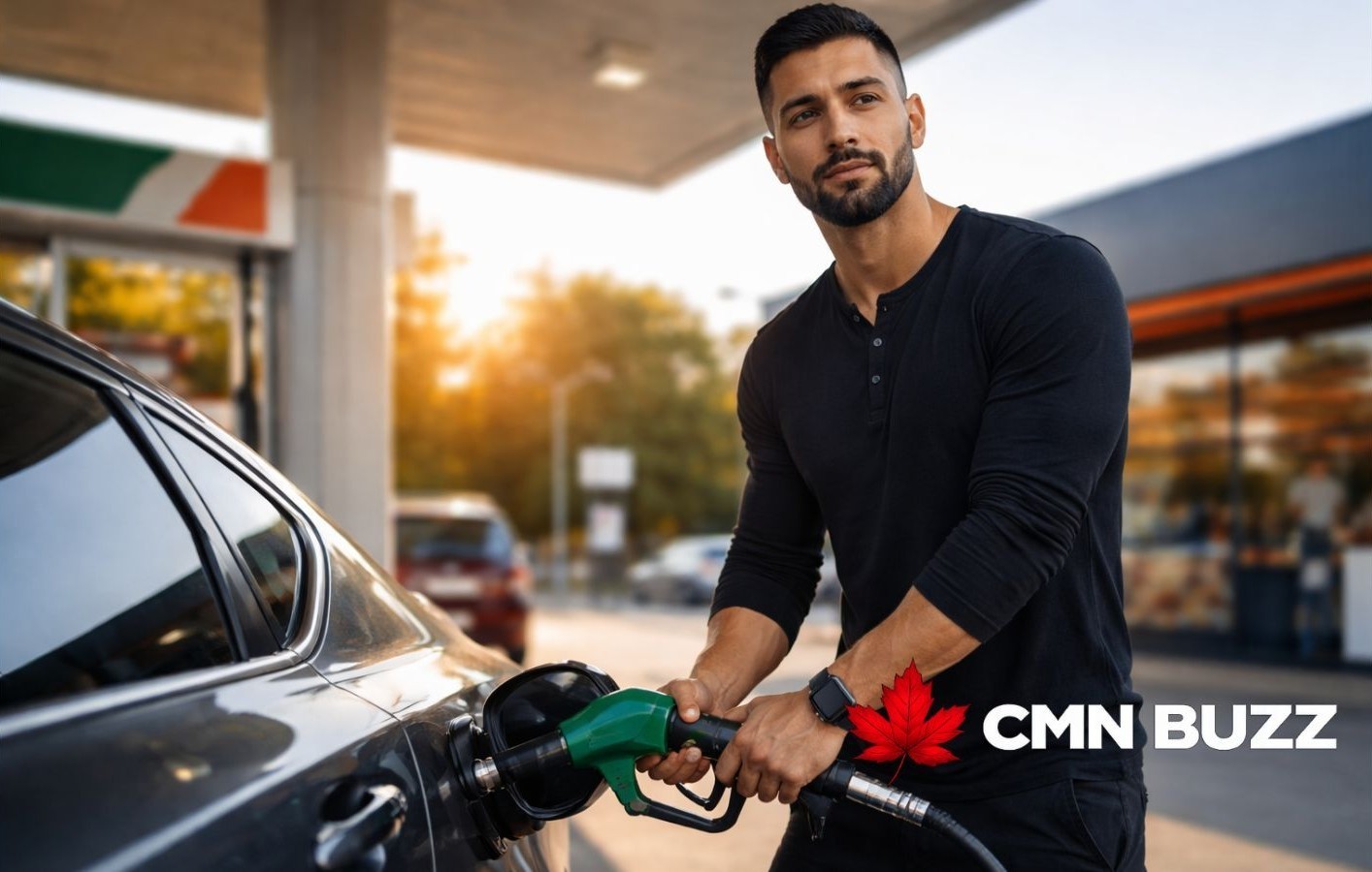 Man fueling his car at a gas station in Canada during sunset, representing rising and fluctuating fuel prices