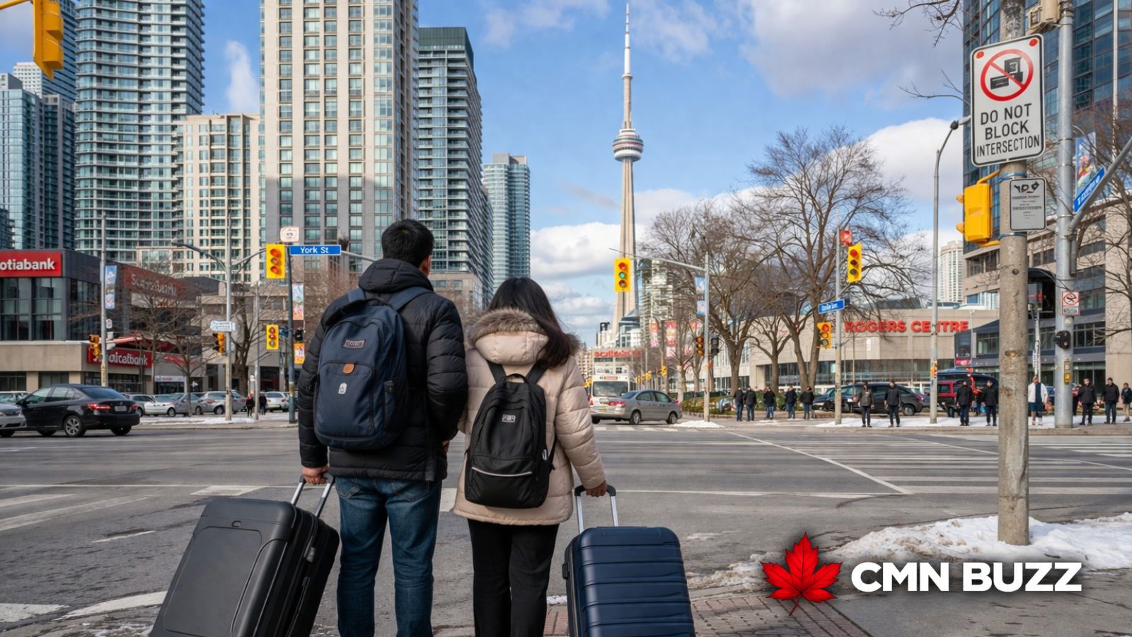 Newcomers in Canada with luggage in winter city showing real cost of living challenges