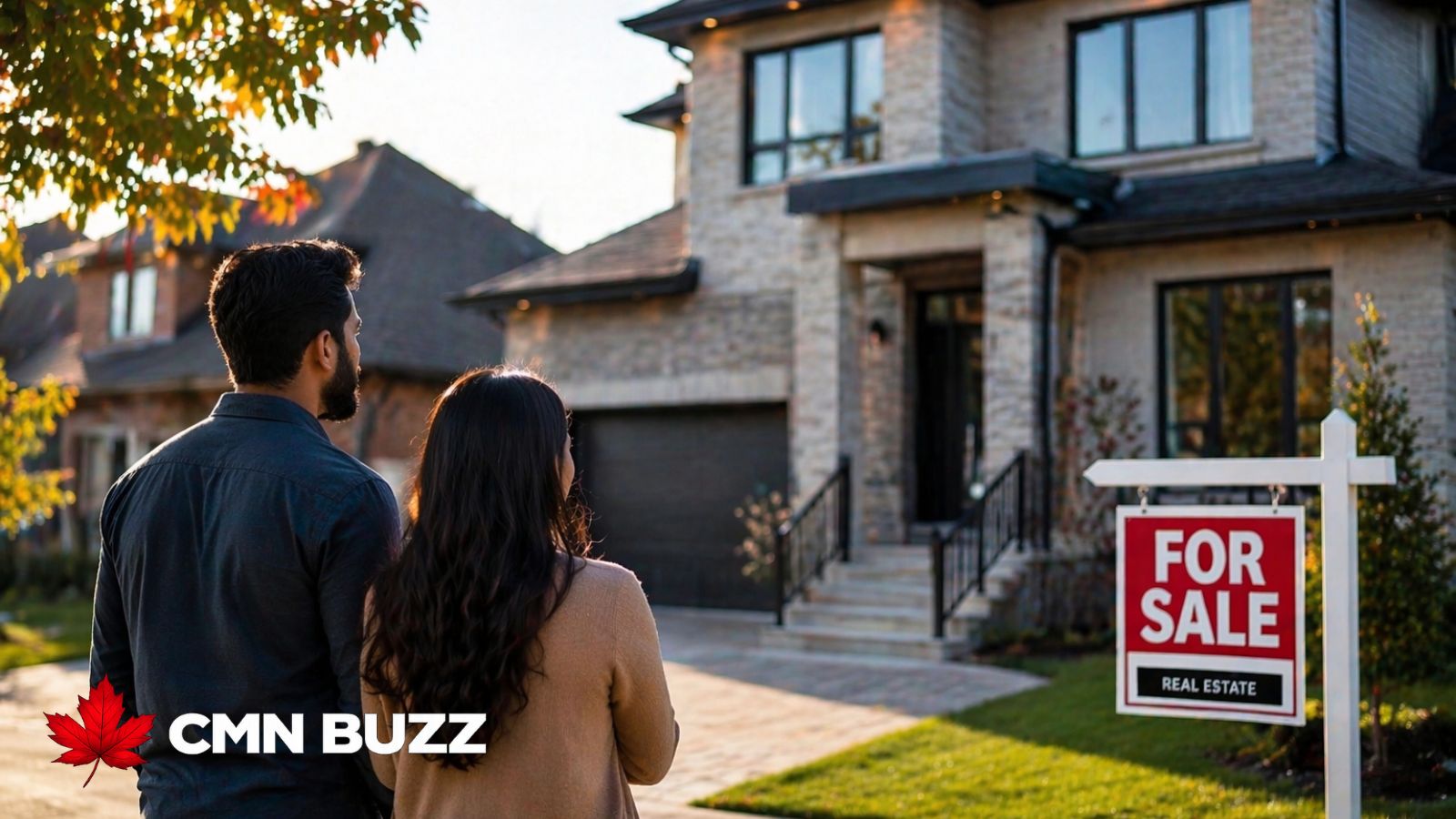 Couple looking at a modern house for sale in a Canadian suburban neighborhood during spring