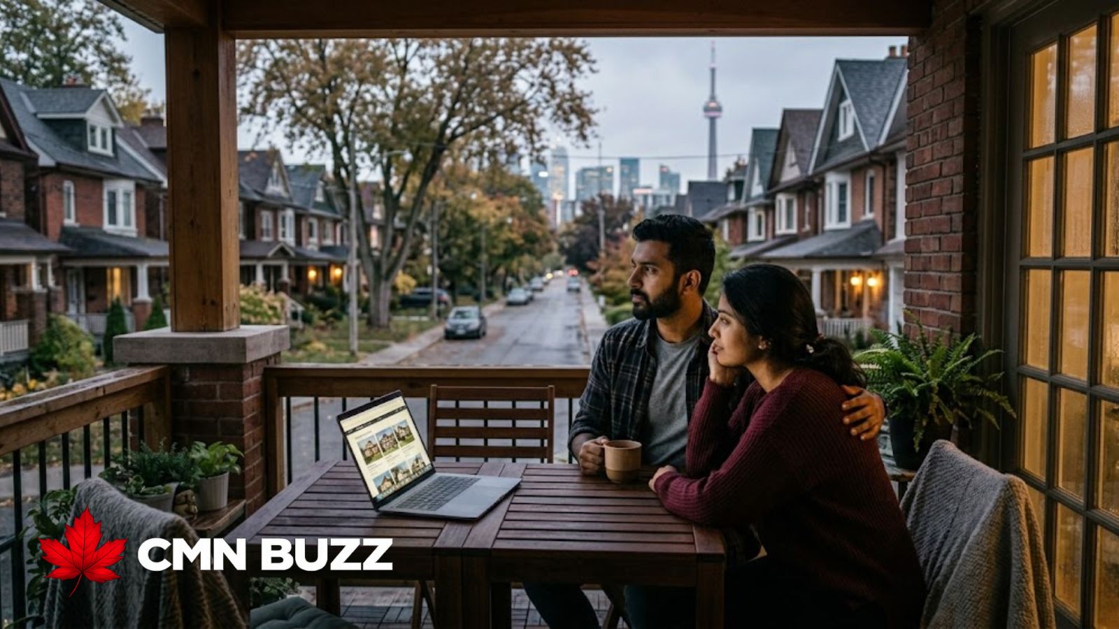 Young couple in Toronto neighborhood reviewing housing options on laptop, reflecting Canada housing affordability and family support