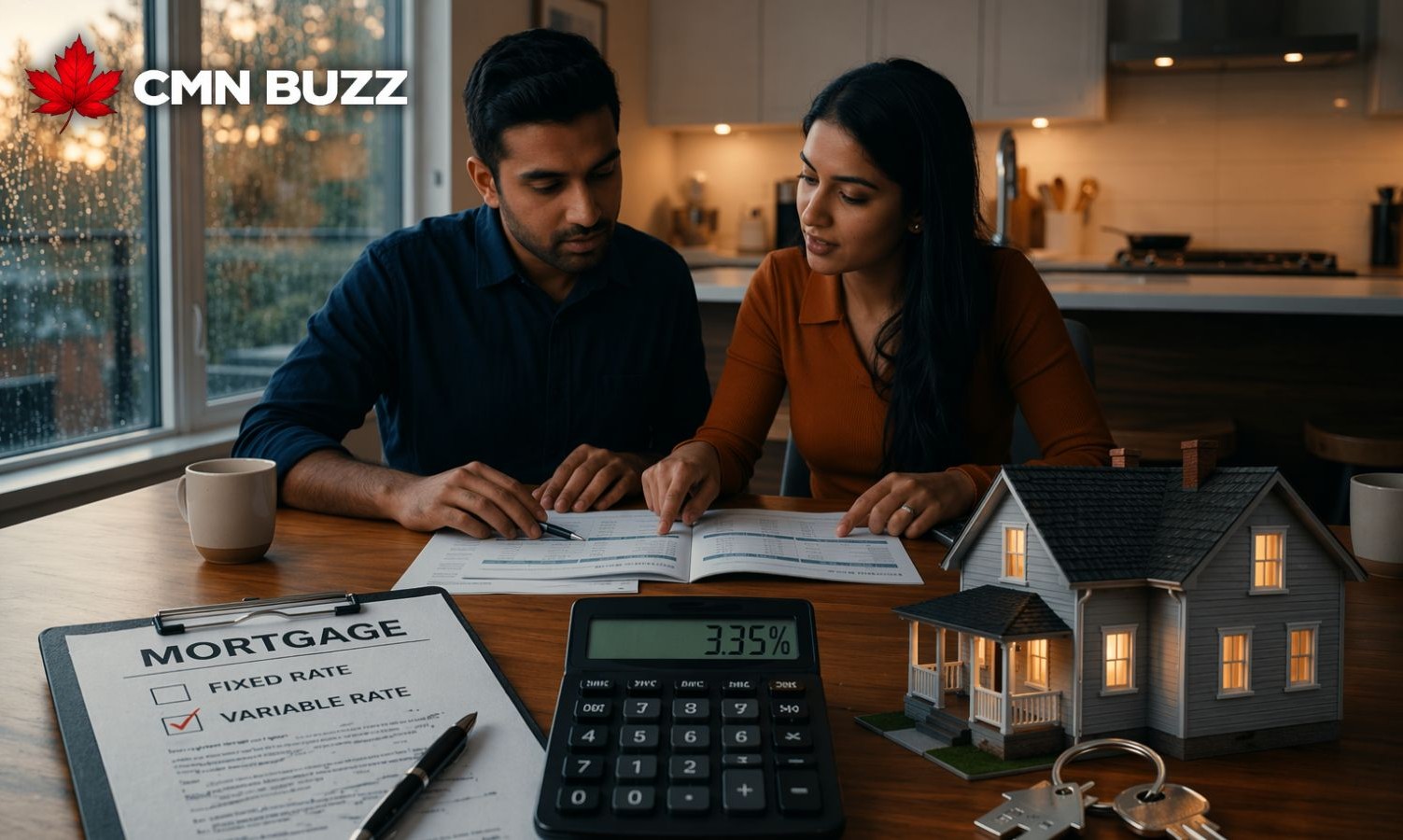 A young couple in Canada reviewing mortgage documents with calculator and house model, discussing variable mortgage rates