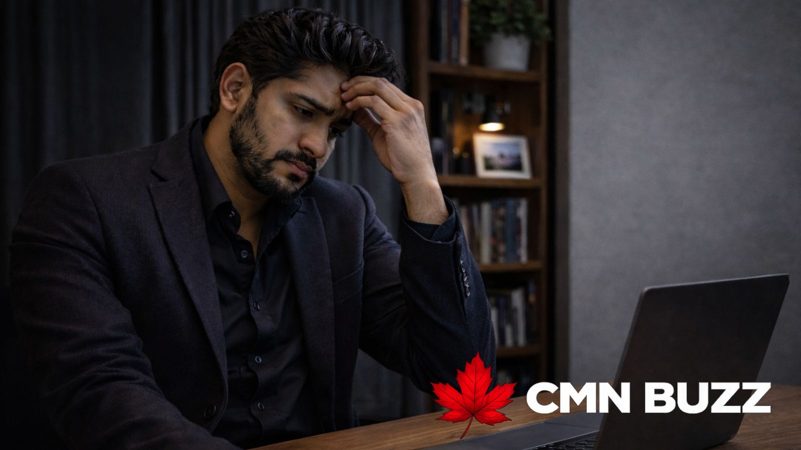 South Asian man looking stressed while working on a laptop in a modern office, representing AI job impact in Canada