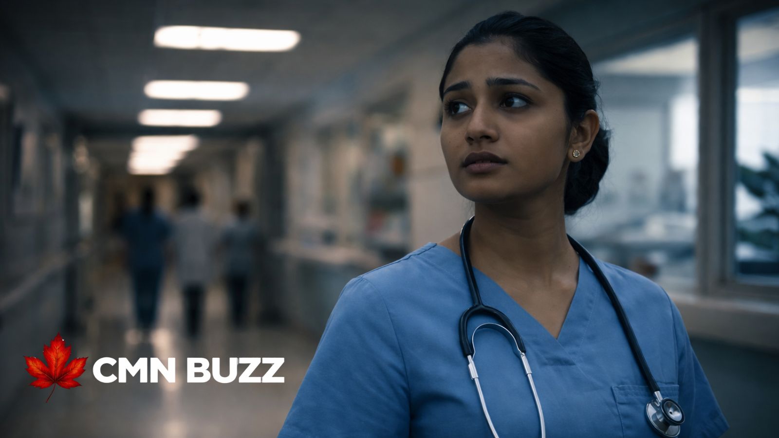 Concerned nurse in hospital corridor representing healthcare job uncertainty in Ottawa Canada