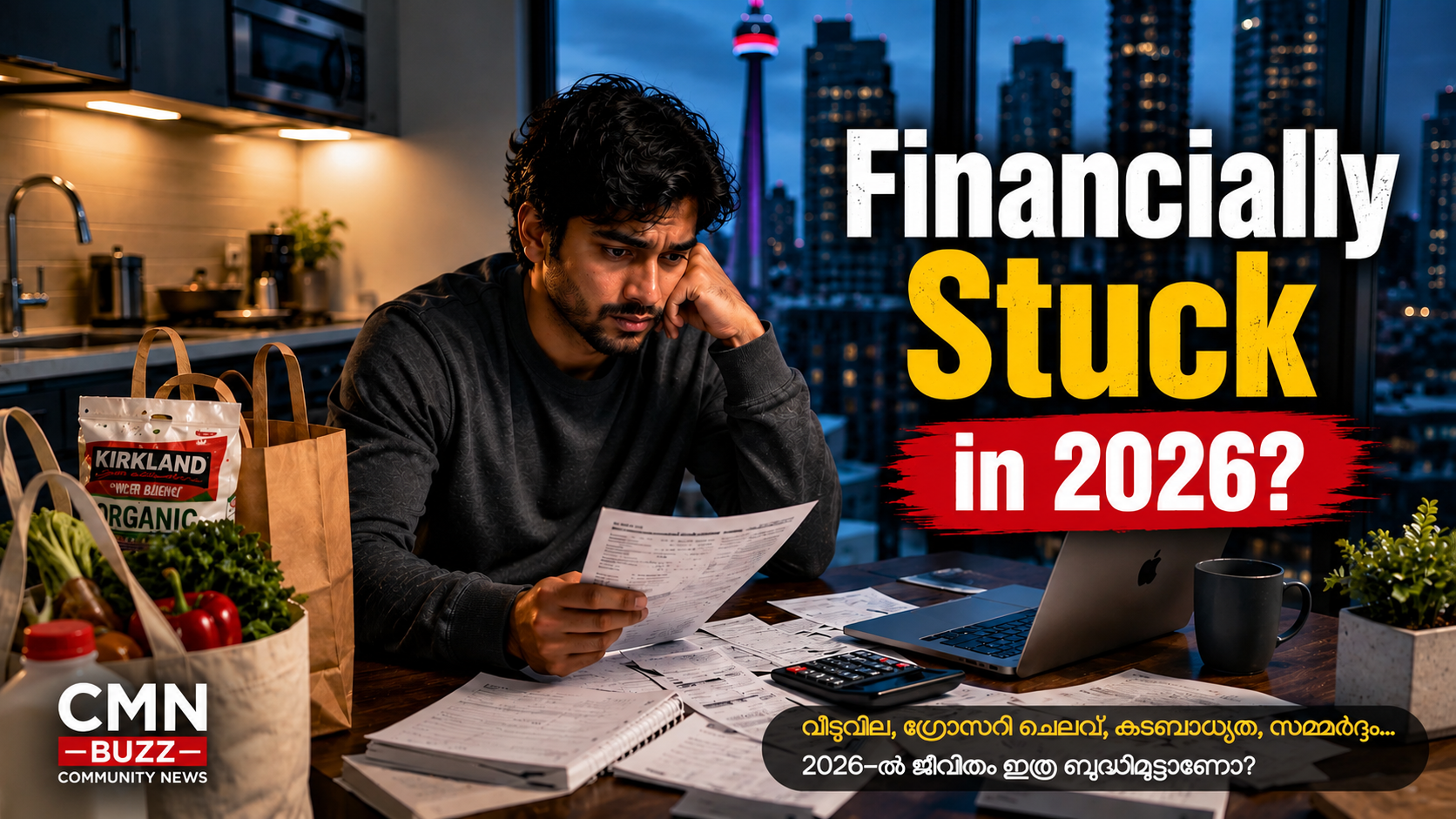 Young South Asian man sitting with bills and groceries in a modern Canadian apartment while discussing financial stress in Canada during 2026