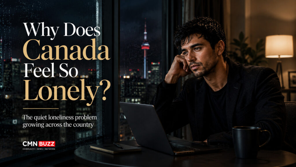 Young South Asian man sitting alone in a modern Canadian condo at night while reflecting on loneliness and isolation in Canada during 2026