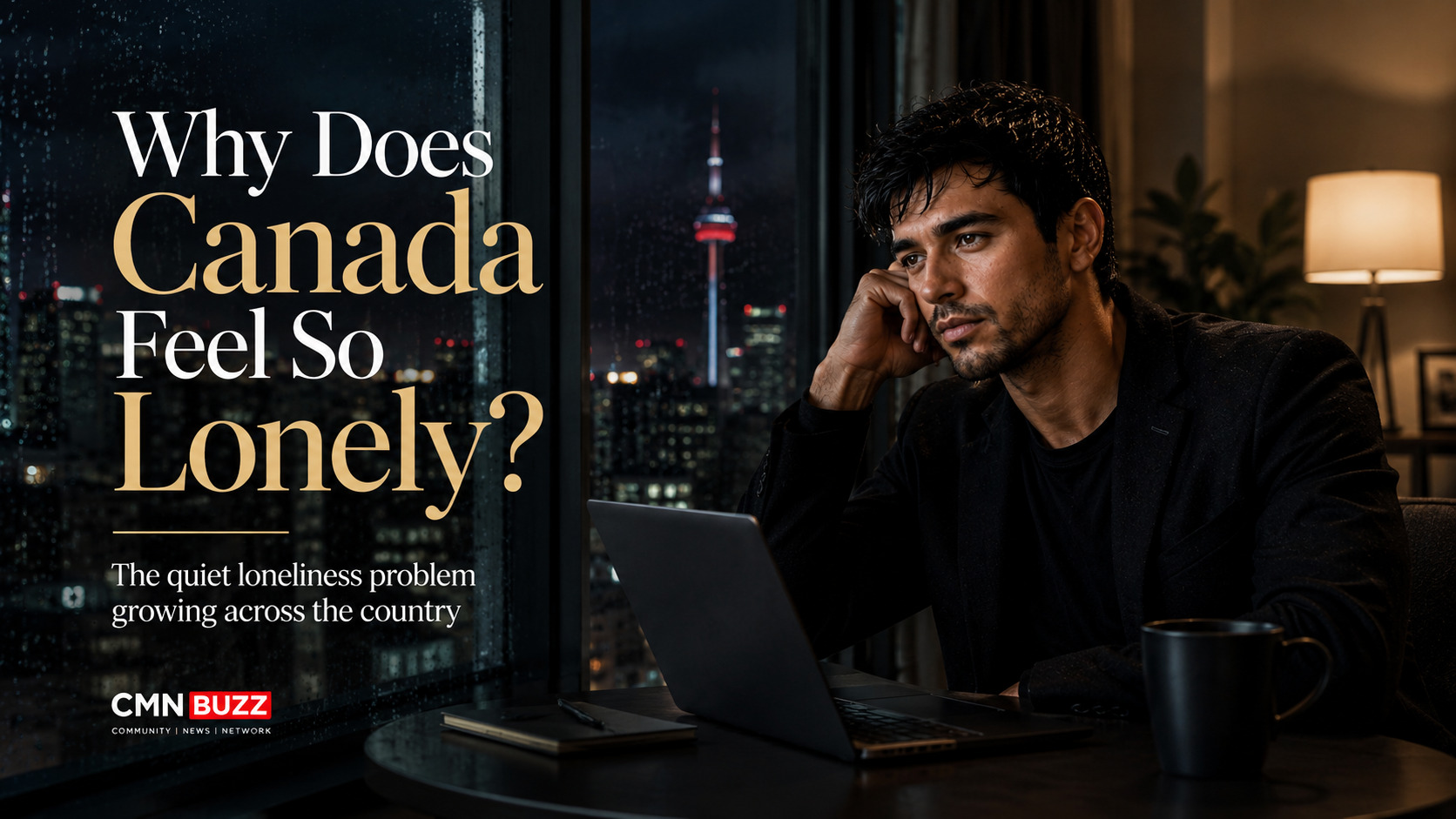 Young South Asian man sitting alone in a modern Canadian condo at night while reflecting on loneliness and isolation in Canada during 2026