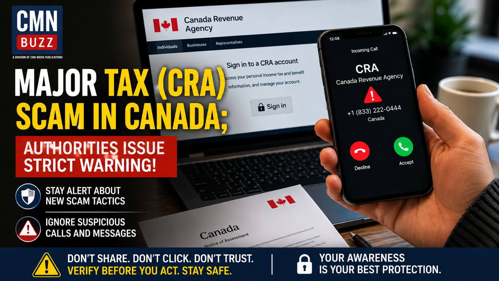 Smartphone showing fake CRA call beside Canada Revenue Agency website warning about tax scams in Canada