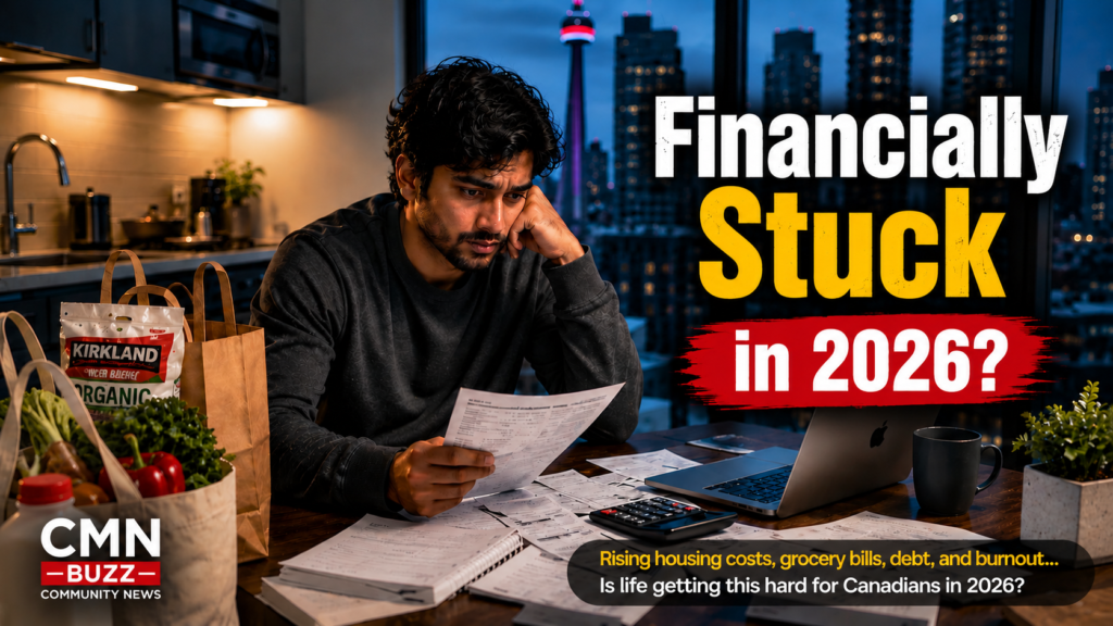 Young South Asian man reviewing bills and expenses inside a modern Canadian apartment while discussing financial stress in Canada during 2026