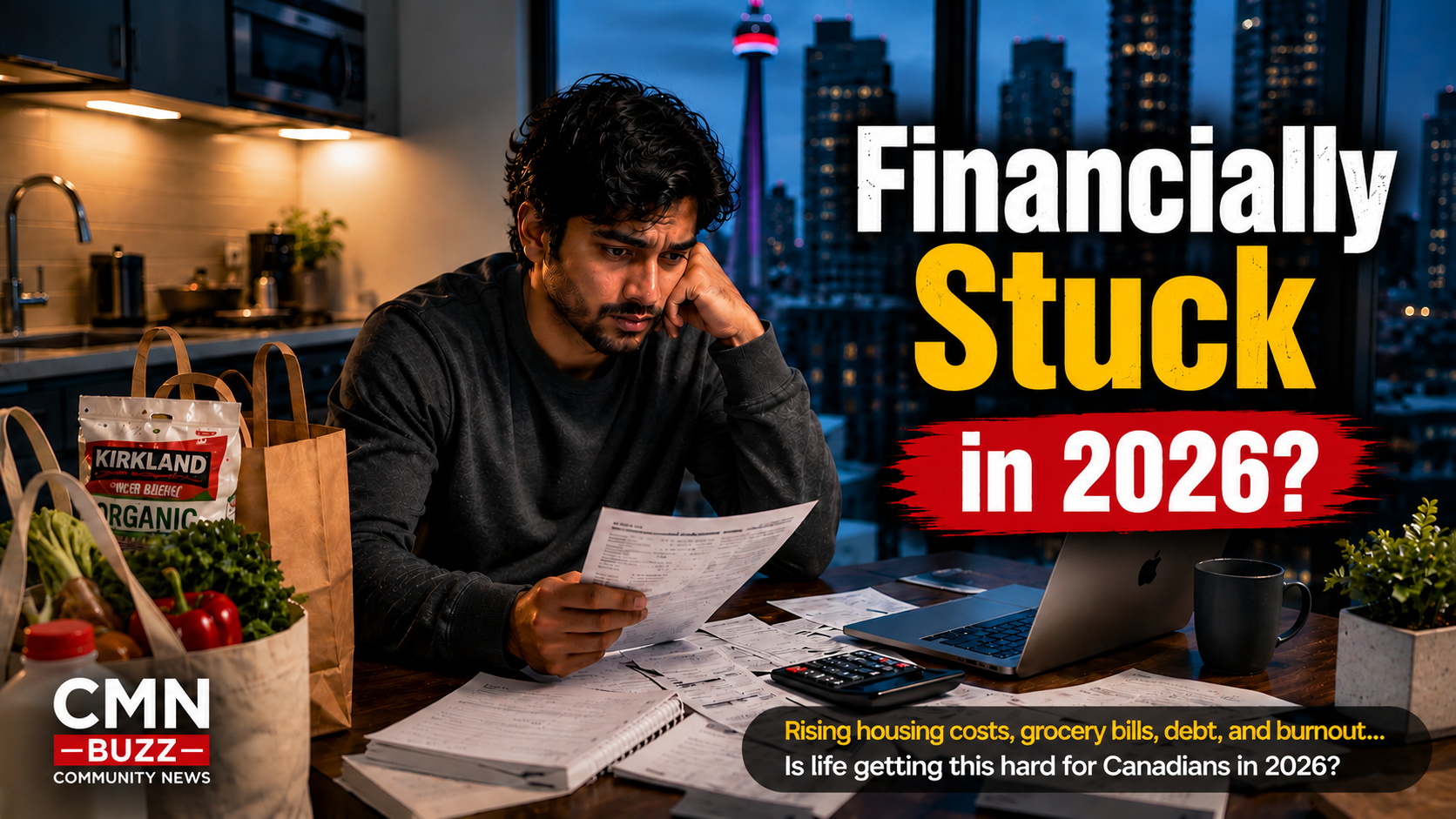 Young South Asian man reviewing bills and expenses inside a modern Canadian apartment while discussing financial stress in Canada during 2026