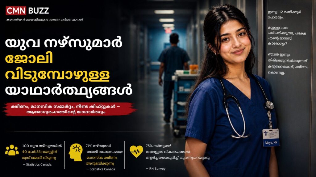 Young Canadian nurse standing in a hospital hallway representing burnout and emotional stress in Canada’s healthcare system.