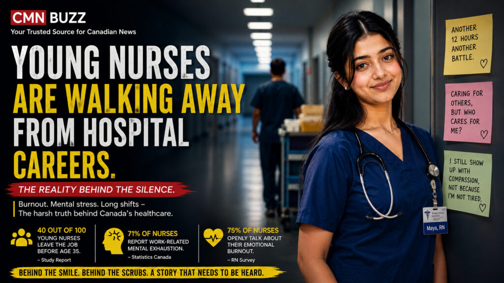 Young Canadian nurse standing in a hospital hallway highlighting burnout, emotional stress, and staffing pressure in Canada’s healthcare system.