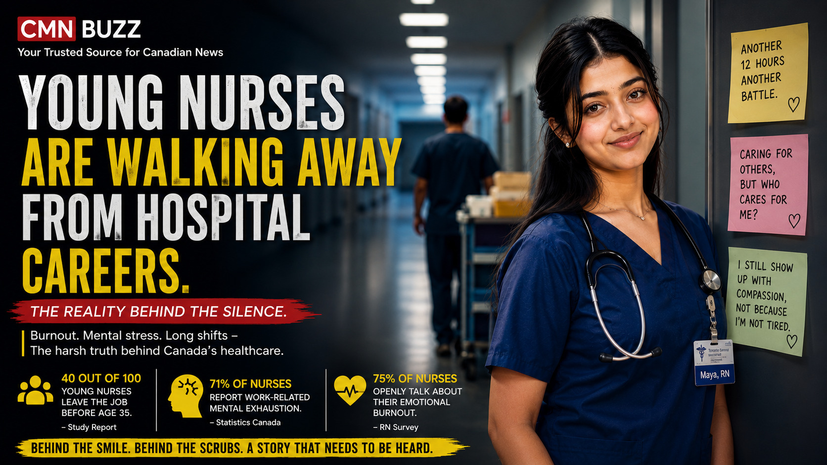 Young Canadian nurse standing in a hospital hallway highlighting burnout, emotional stress, and staffing pressure in Canada’s healthcare system.