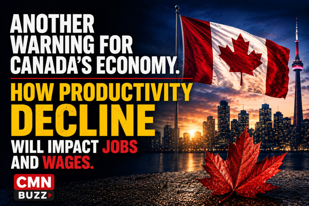 Canada productivity decline warning with Canadian flag and Toronto skyline showing potential impacts on jobs, wages, and economic growth.