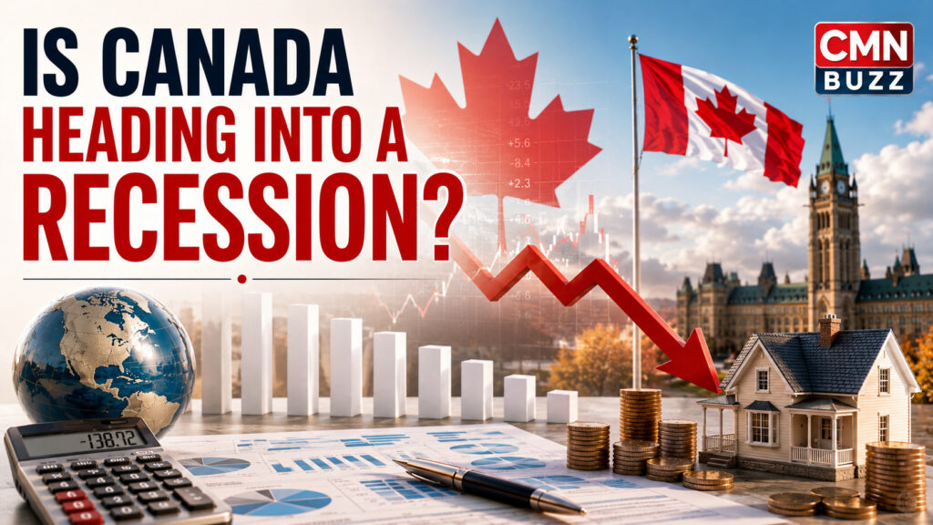 Illustration of Canada's economic slowdown with recession concerns, housing affordability, jobs, interest rates, and GDP trends affecting Canadians.