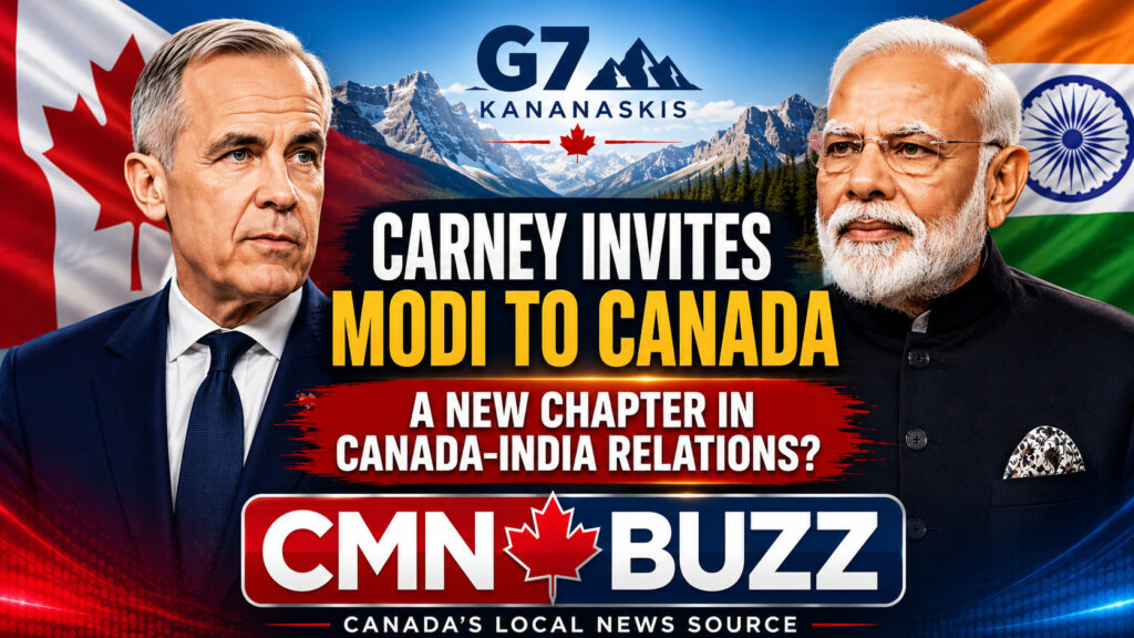 Canadian Prime Minister Mark Carney and Indian Prime Minister Narendra Modi featured in a CMN BUZZ graphic highlighting renewed Canada–India relations and security talks following the G7 Summit in Kananaskis, Alberta.