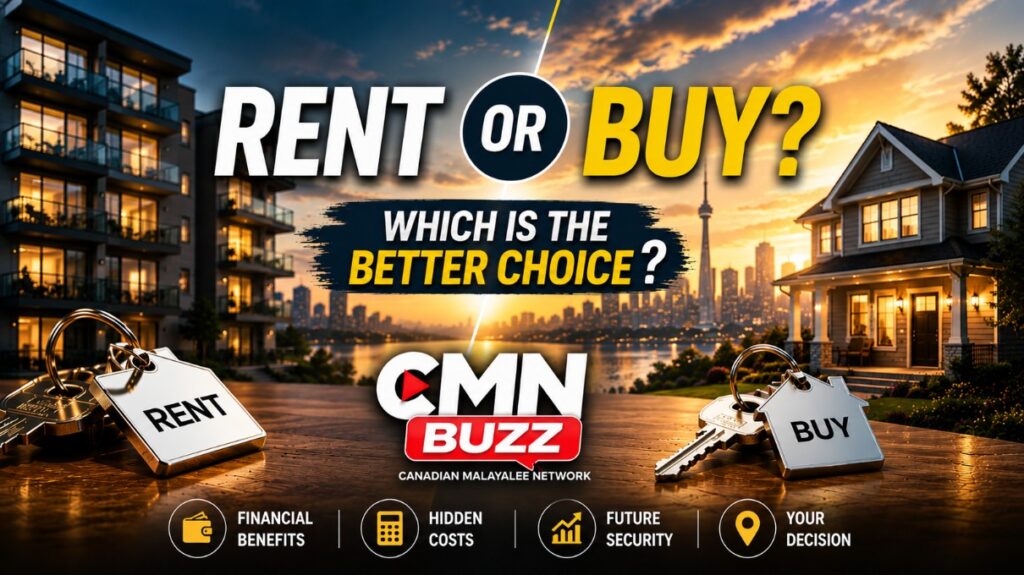 Rent vs Buy Canada 2026 featured image by CMN Buzz comparing apartment renting and home buying